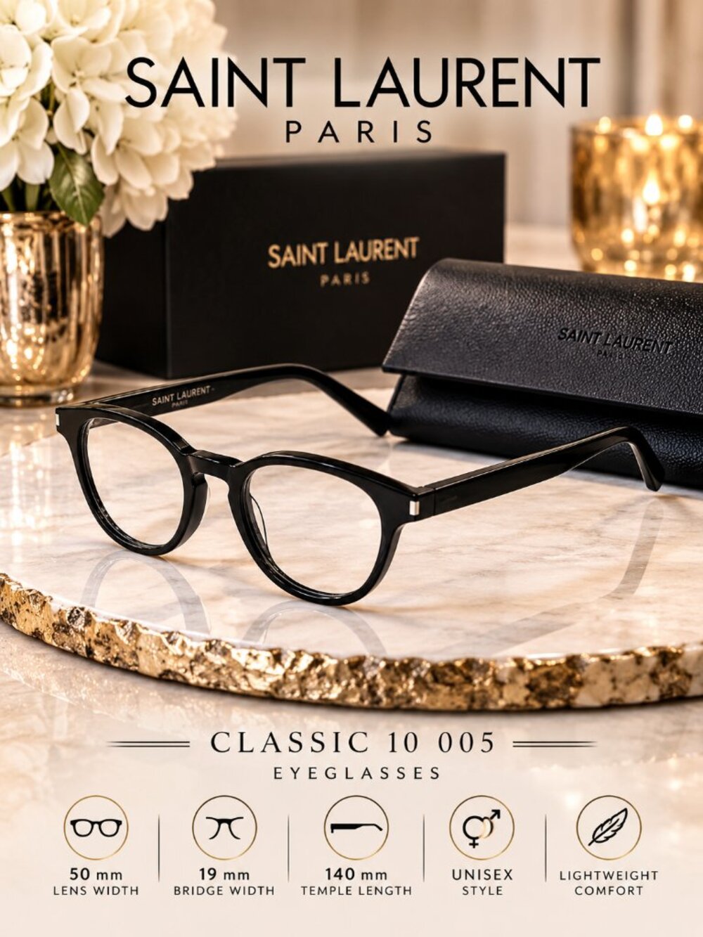 Saint Laurent CLASSIC 10 005 Black Acetate Eyeglasses 50-19-140 Unisex YSL